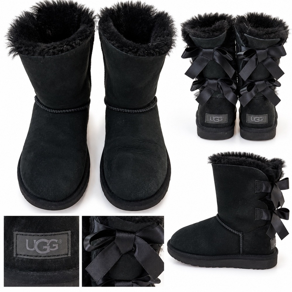 UGG Bailey Bow II Black Suede Sheepskin Boots Womens 6 Double Bows